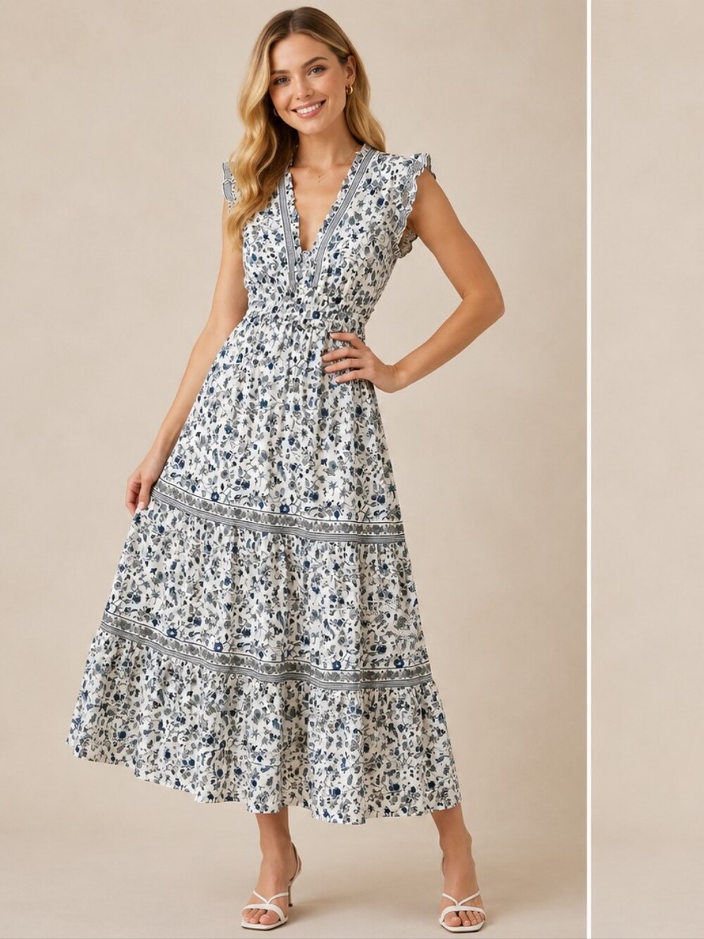 White Midi Dress with Blue Floral Print(M)
